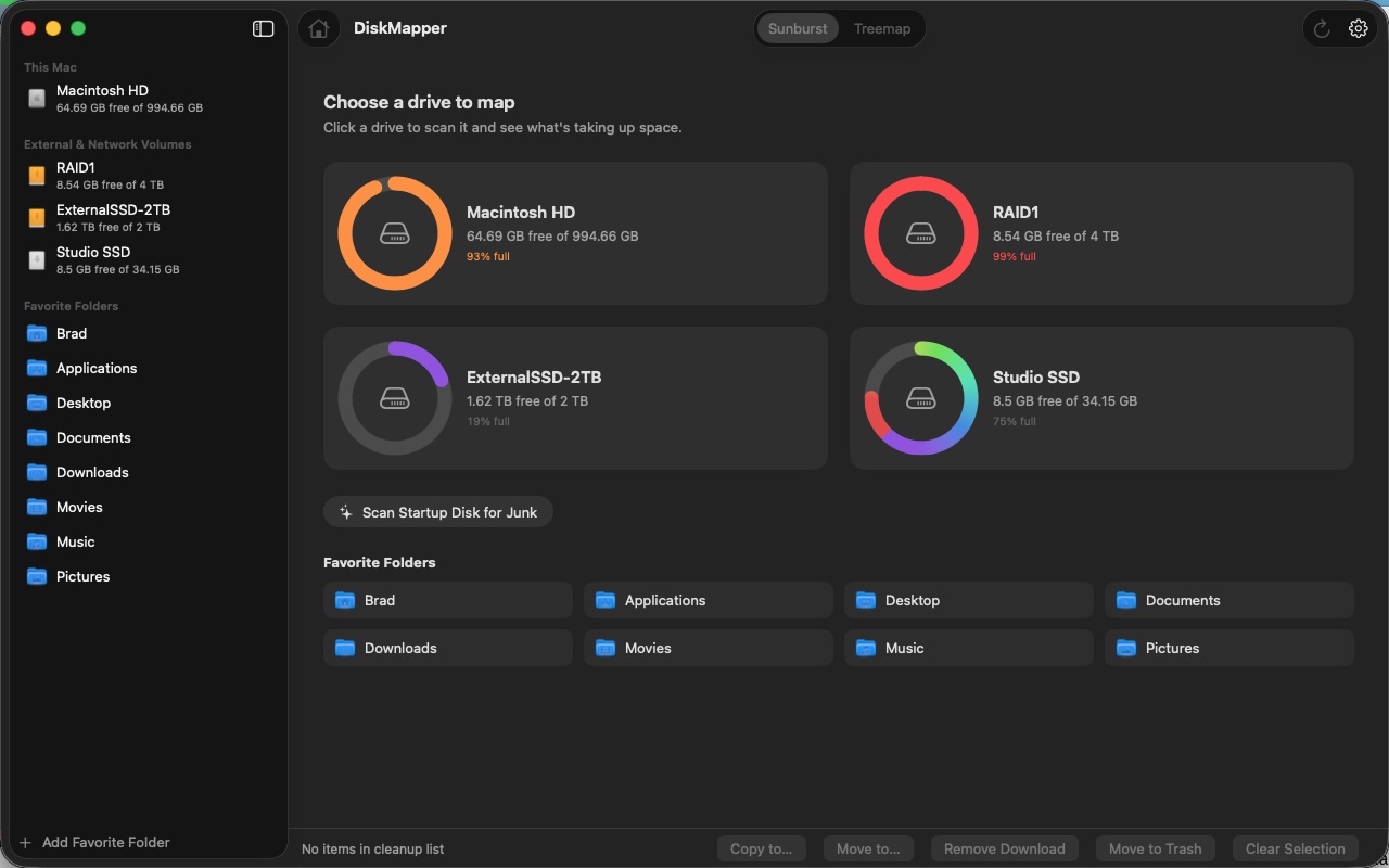DiskMapper home screen showing every drive as a card with a capacity ring, plus favorite folders